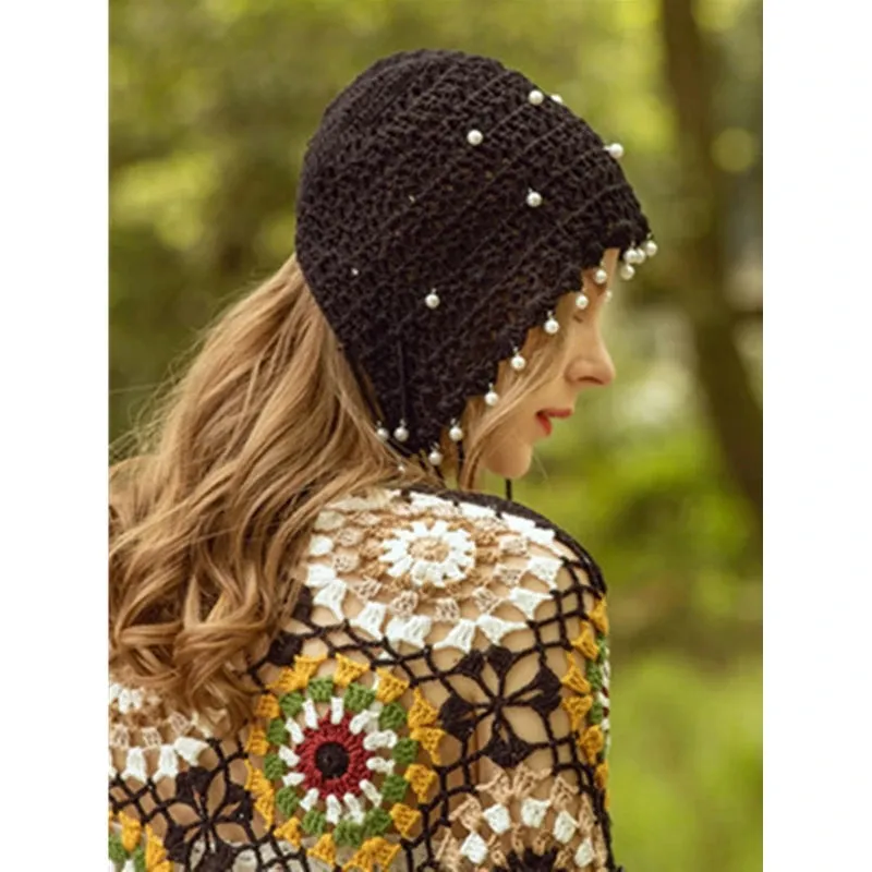 TAVIMART  -  Women knitted hat spring  summer handmade hollow beanie cap ethnic style retro hat tassel princess cap