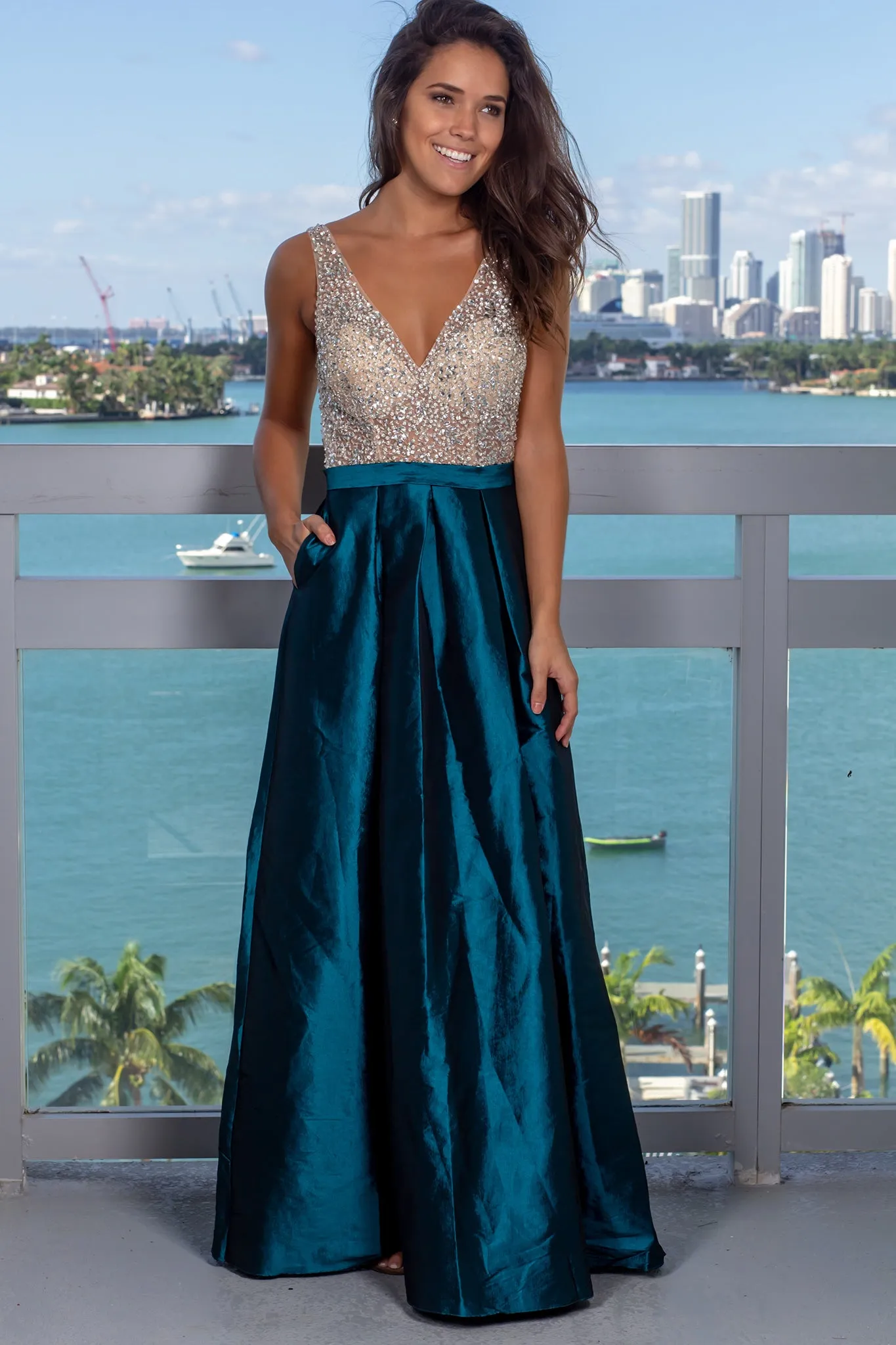 Teal Jeweled Maxi Dress