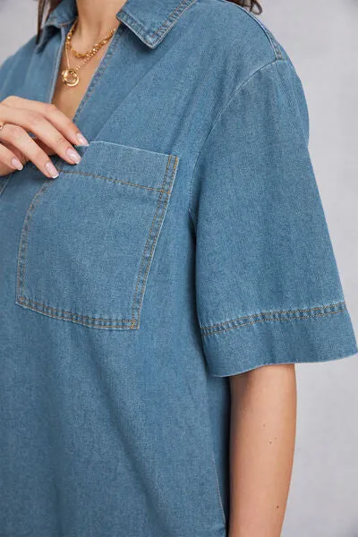 TEEK - Pocketed Collared Mini Denim Dress