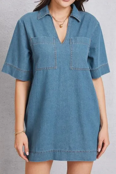 TEEK - Pocketed Collared Mini Denim Dress