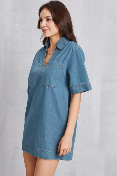 TEEK - Pocketed Collared Mini Denim Dress