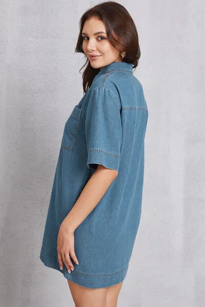 TEEK - Pocketed Collared Mini Denim Dress