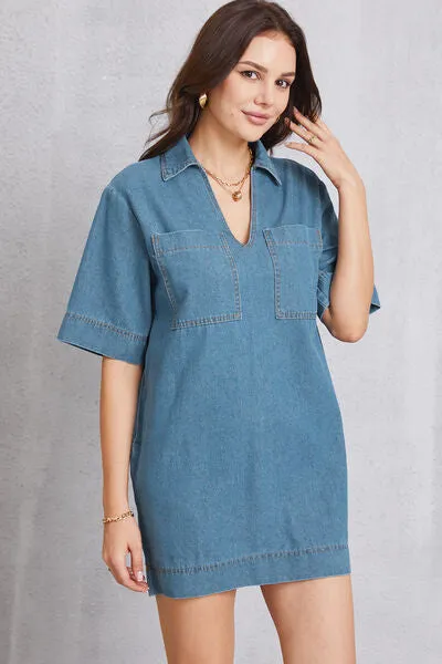 TEEK - Pocketed Collared Mini Denim Dress