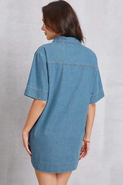 TEEK - Pocketed Collared Mini Denim Dress