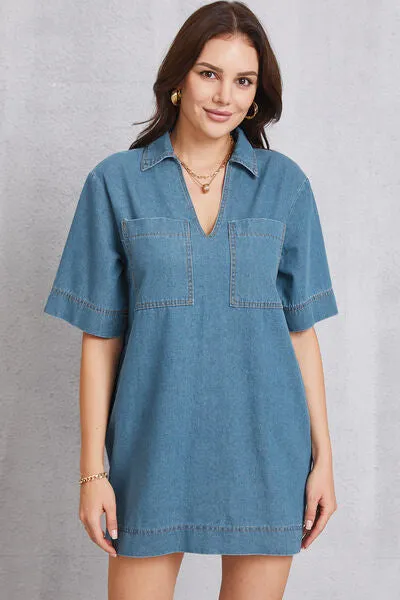 TEEK - Pocketed Collared Mini Denim Dress