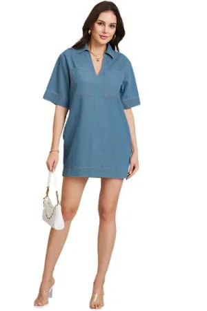 TEEK - Pocketed Collared Mini Denim Dress