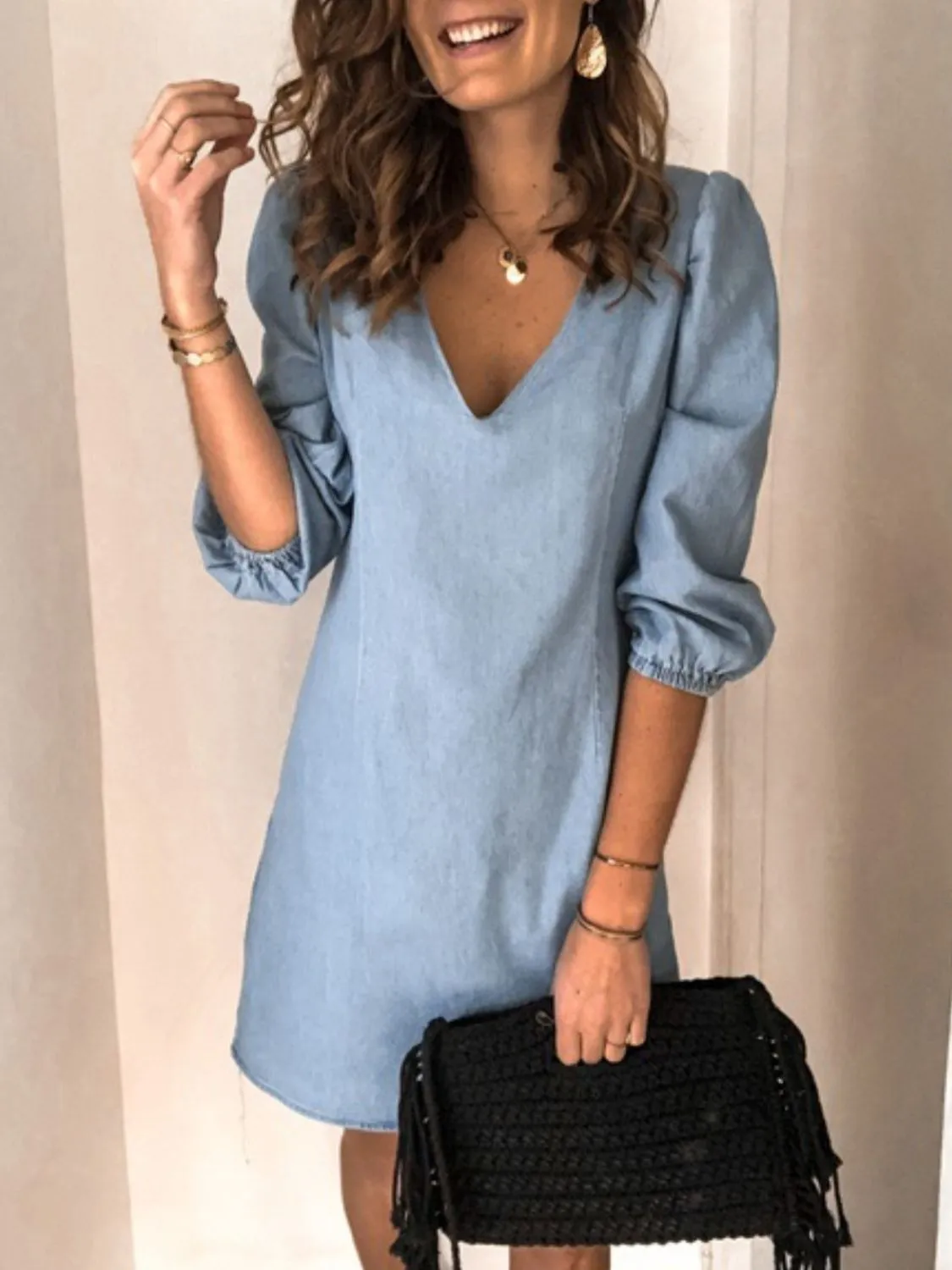 TEEK - V-Neck Half Sleeve Denim Dress