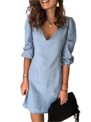 TEEK - V-Neck Half Sleeve Denim Dress