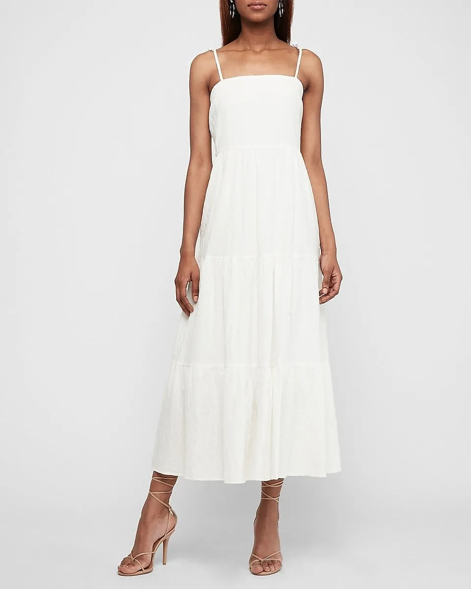 Textured Tiered Tie Shoulder Maxi Dress in Ivory