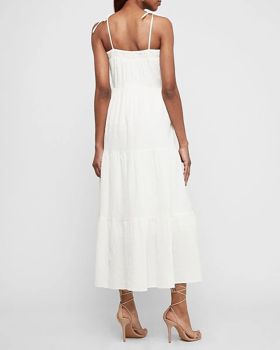 Textured Tiered Tie Shoulder Maxi Dress in Ivory