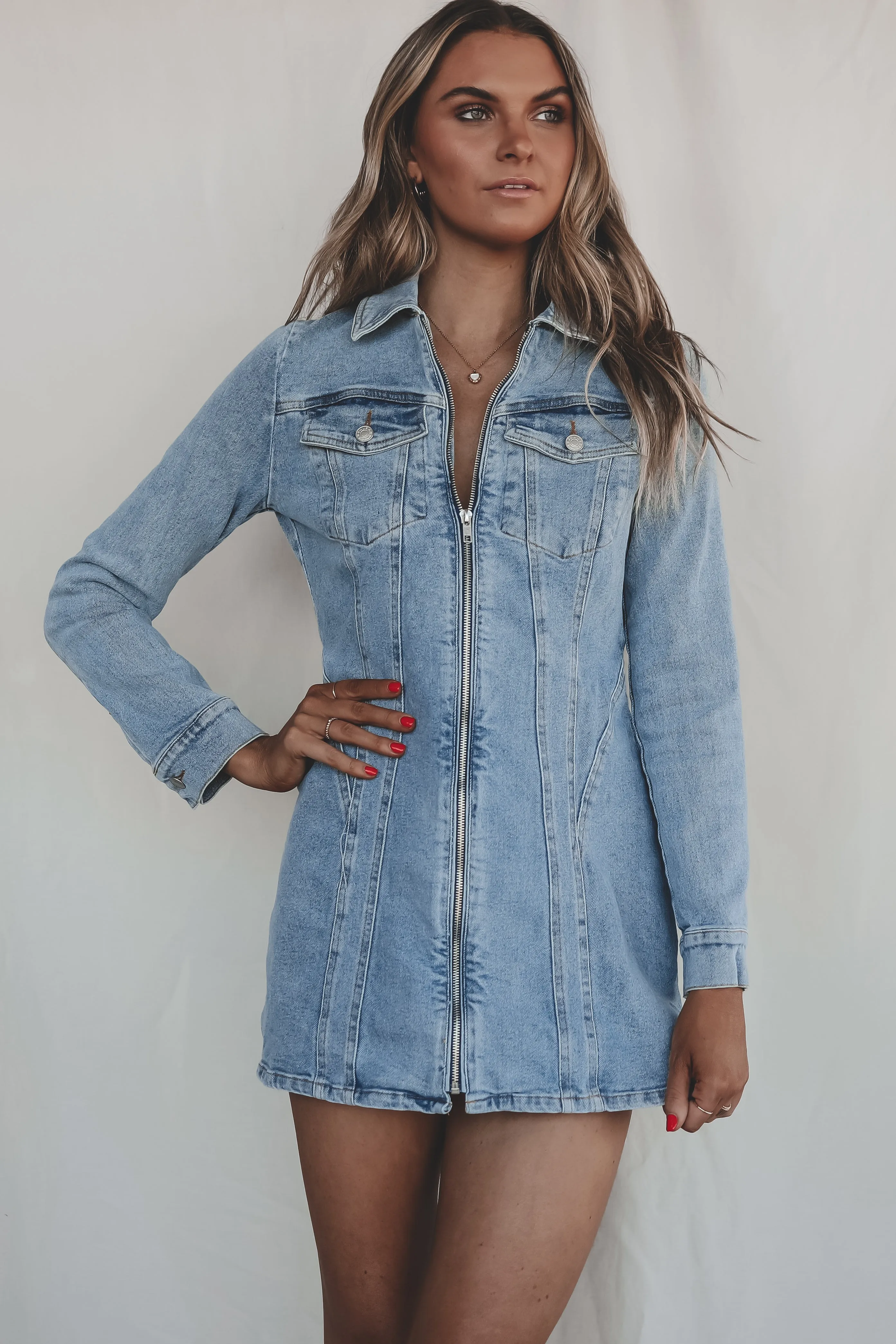 The Main Event Zip Up Denim Dress