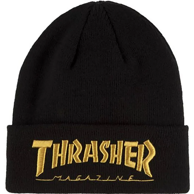 Thrasher Skateboard Magazine Embroidered Logo Black/Gold Beanie