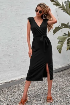 Tie Waist Plunge Neck Split Thigh Midi Dress