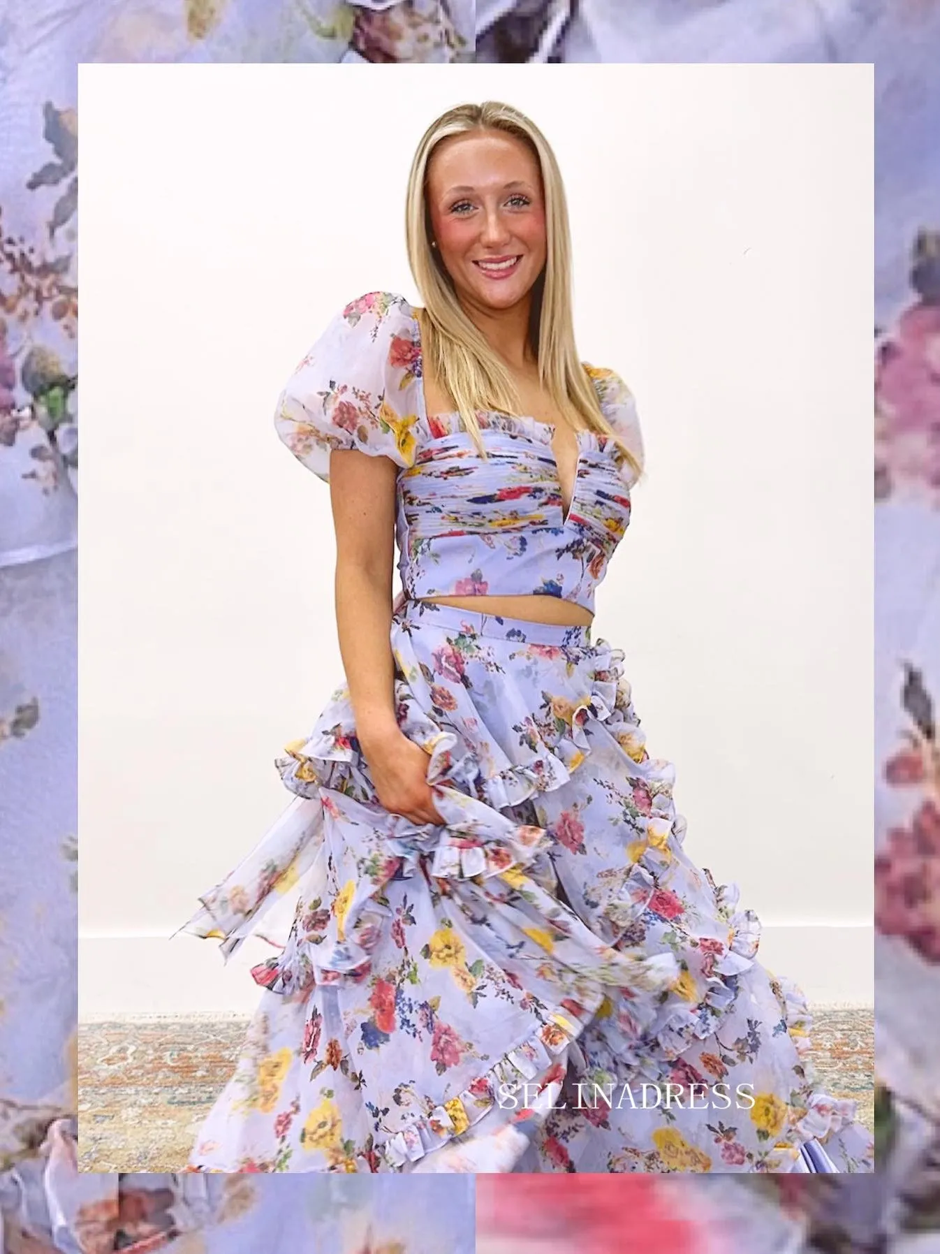 Two Piece Lilac Floral Print Prom Dress With Flowing Layers sew1047