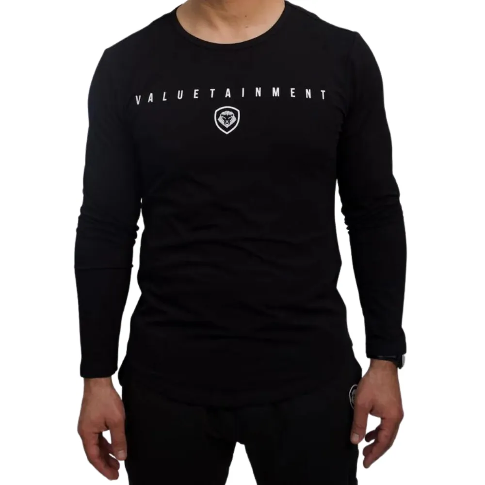 Valuetainment Premium Black Curved Hem Long Sleeve T-Shirt