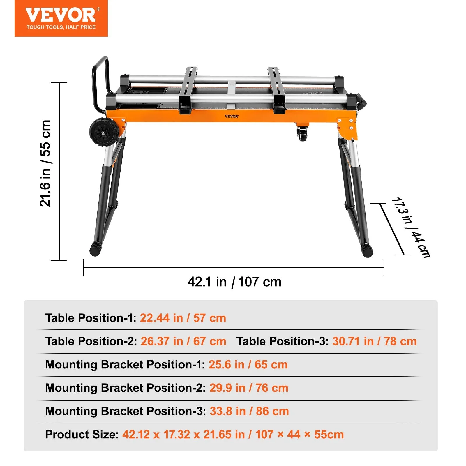 Vevor Miter Saw Stand 42" 330 Lbs. Capacity 5-in-1 Collapsible Rolling with Onboard Outlets New