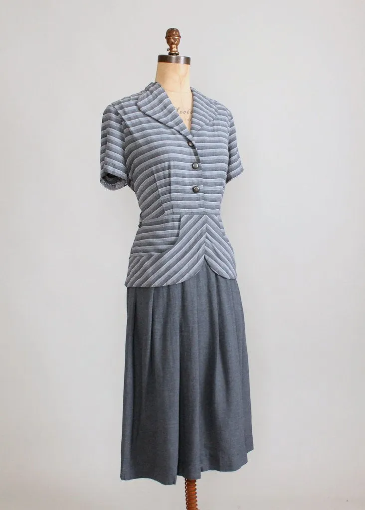 Vintage 1940s Grey Striped Suit Dress