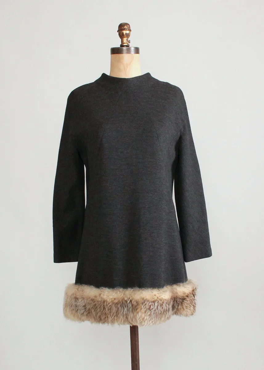 Vintage 1960s Grey Wool and Faux Fur MOD Dress