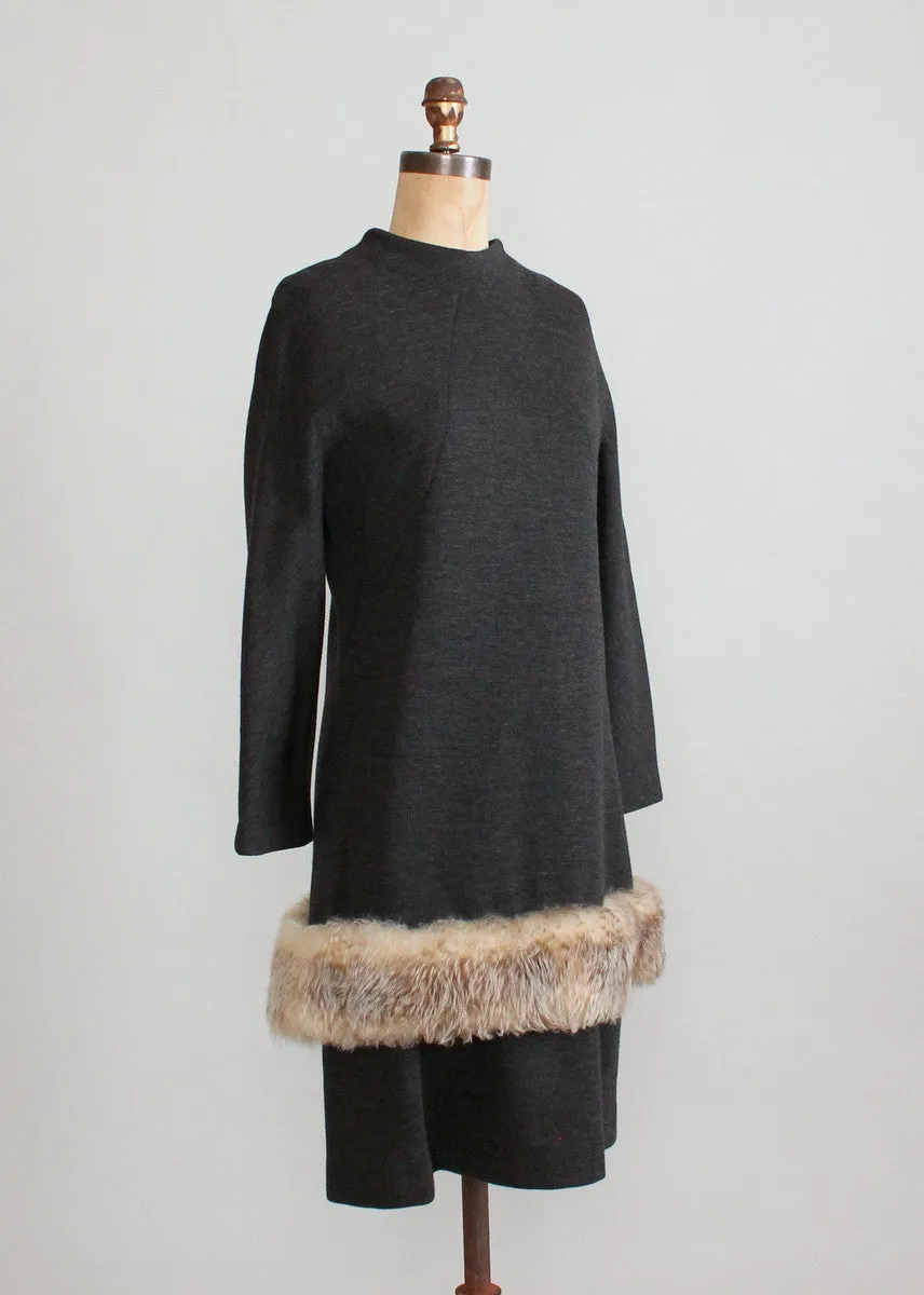 Vintage 1960s Grey Wool and Faux Fur MOD Dress