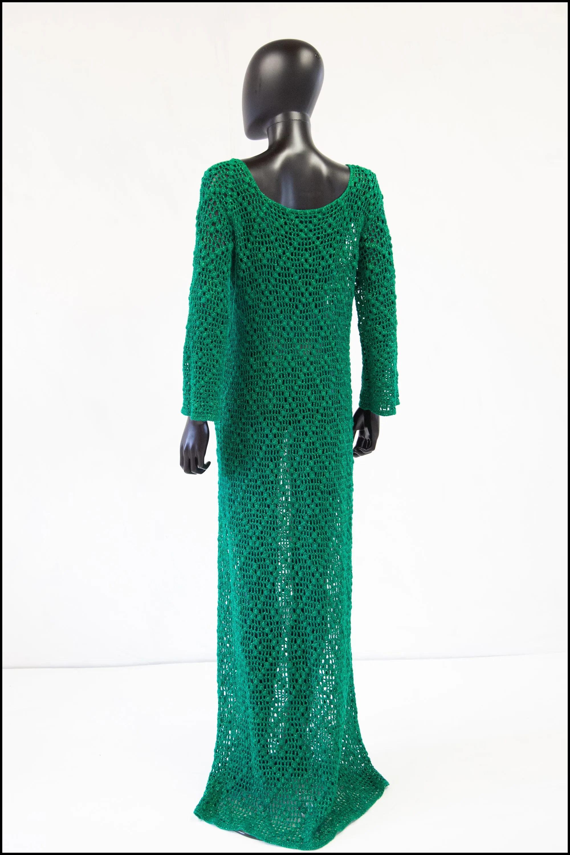 Vintage 1970s Green Metallic Crotchet Maxi Dress