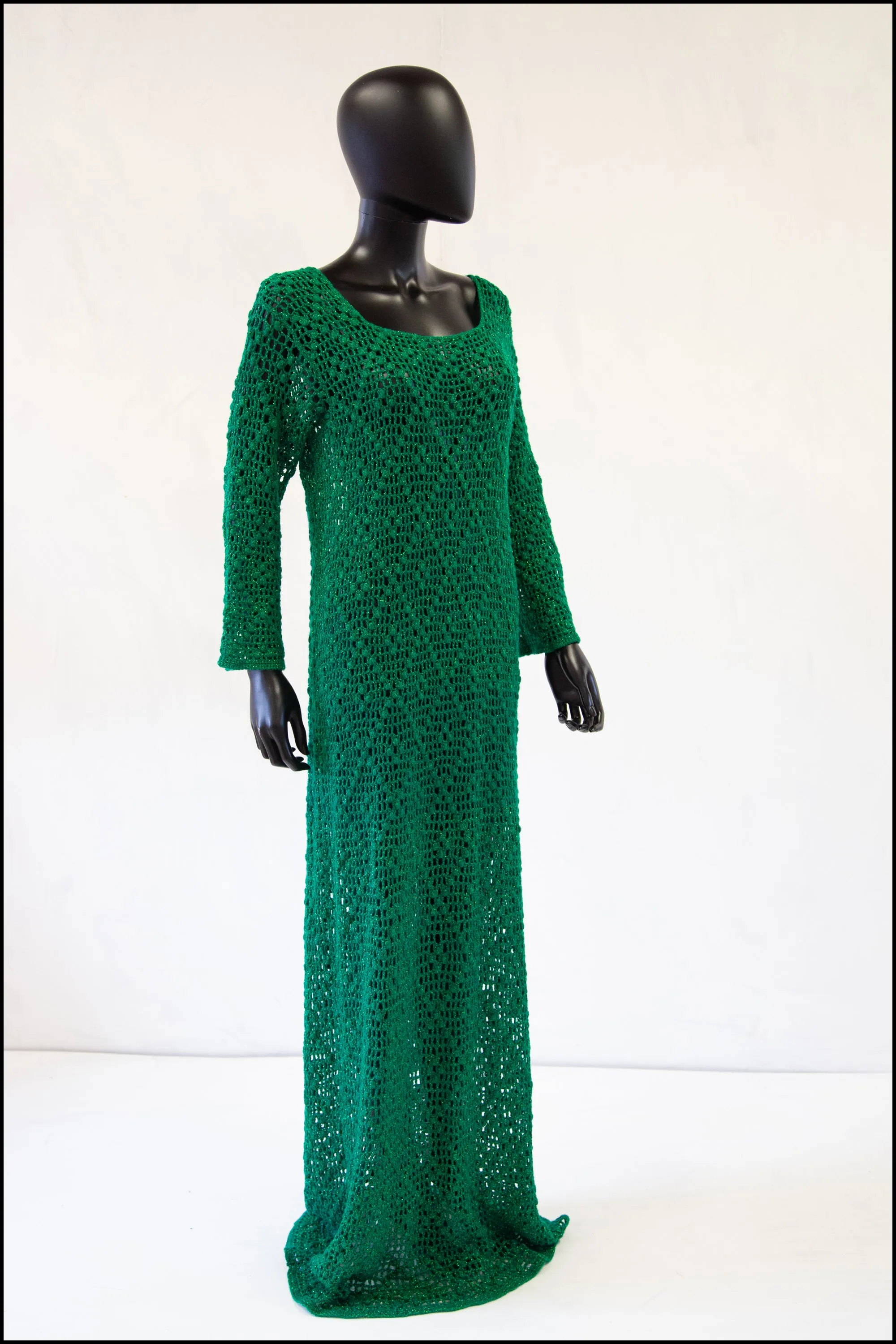 Vintage 1970s Green Metallic Crotchet Maxi Dress