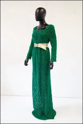 Vintage 1970s Green Metallic Crotchet Maxi Dress