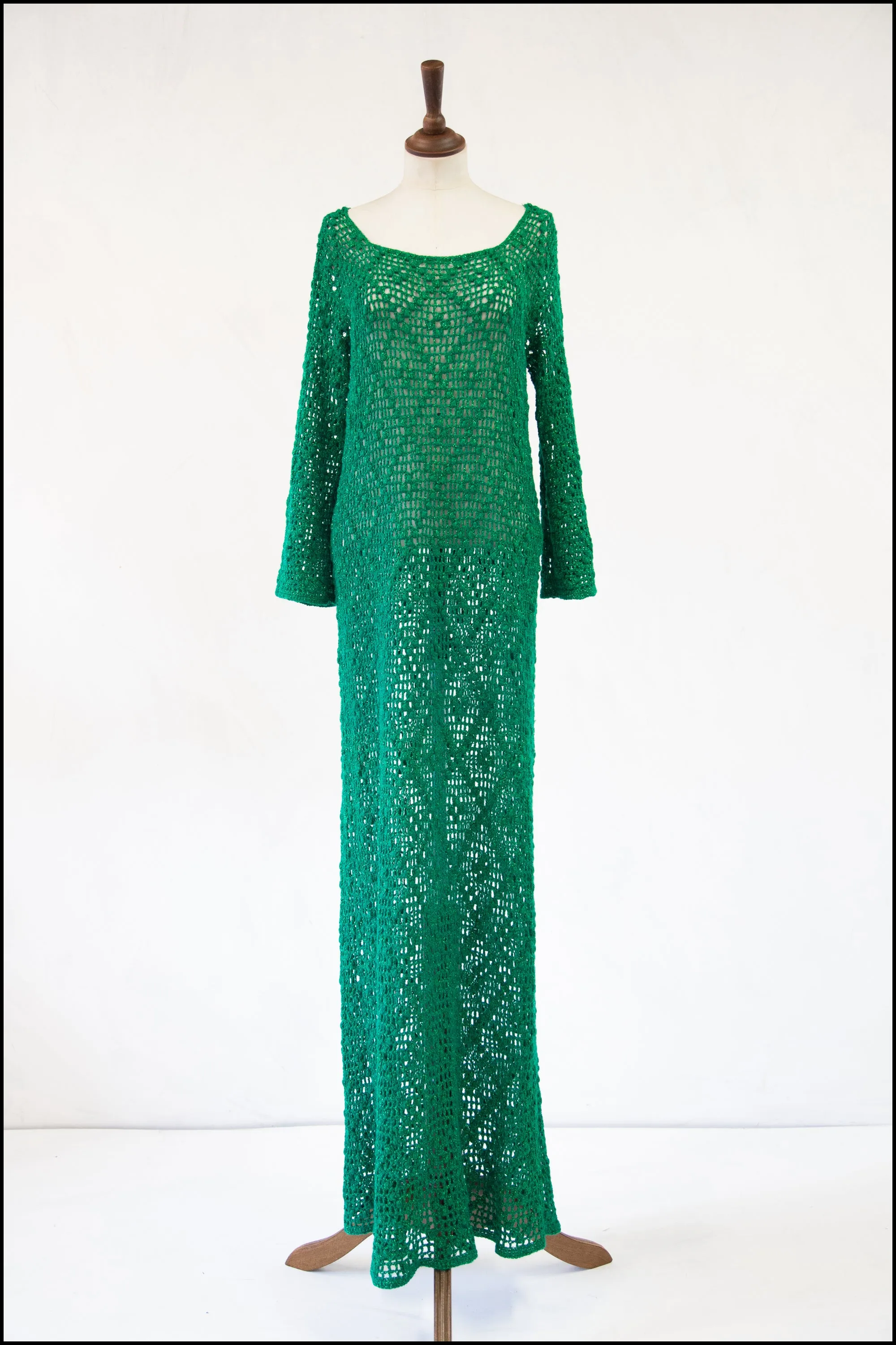 Vintage 1970s Green Metallic Crotchet Maxi Dress