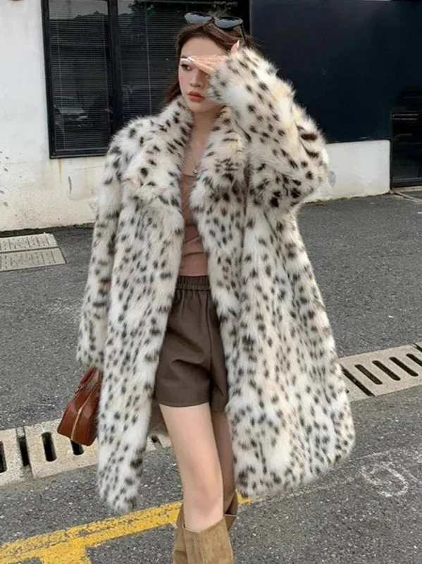 Wenkouban-Winter outfits Christmas Black Friday Lapel Open Stitch Faux Fur Leopard Print Coat