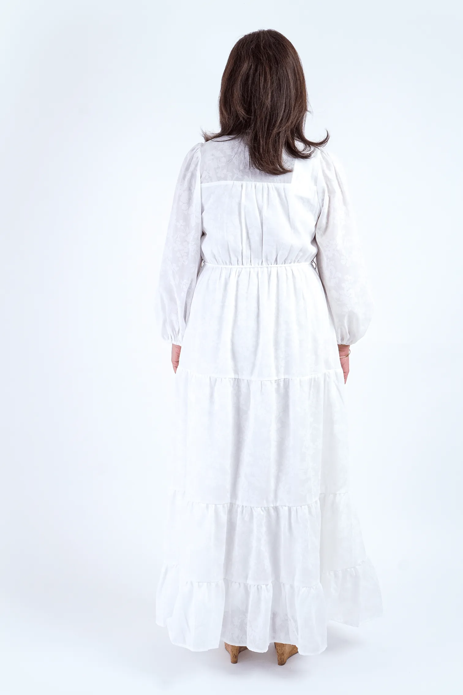 White Hidden Button Ballon Sleeve Maxi Dress