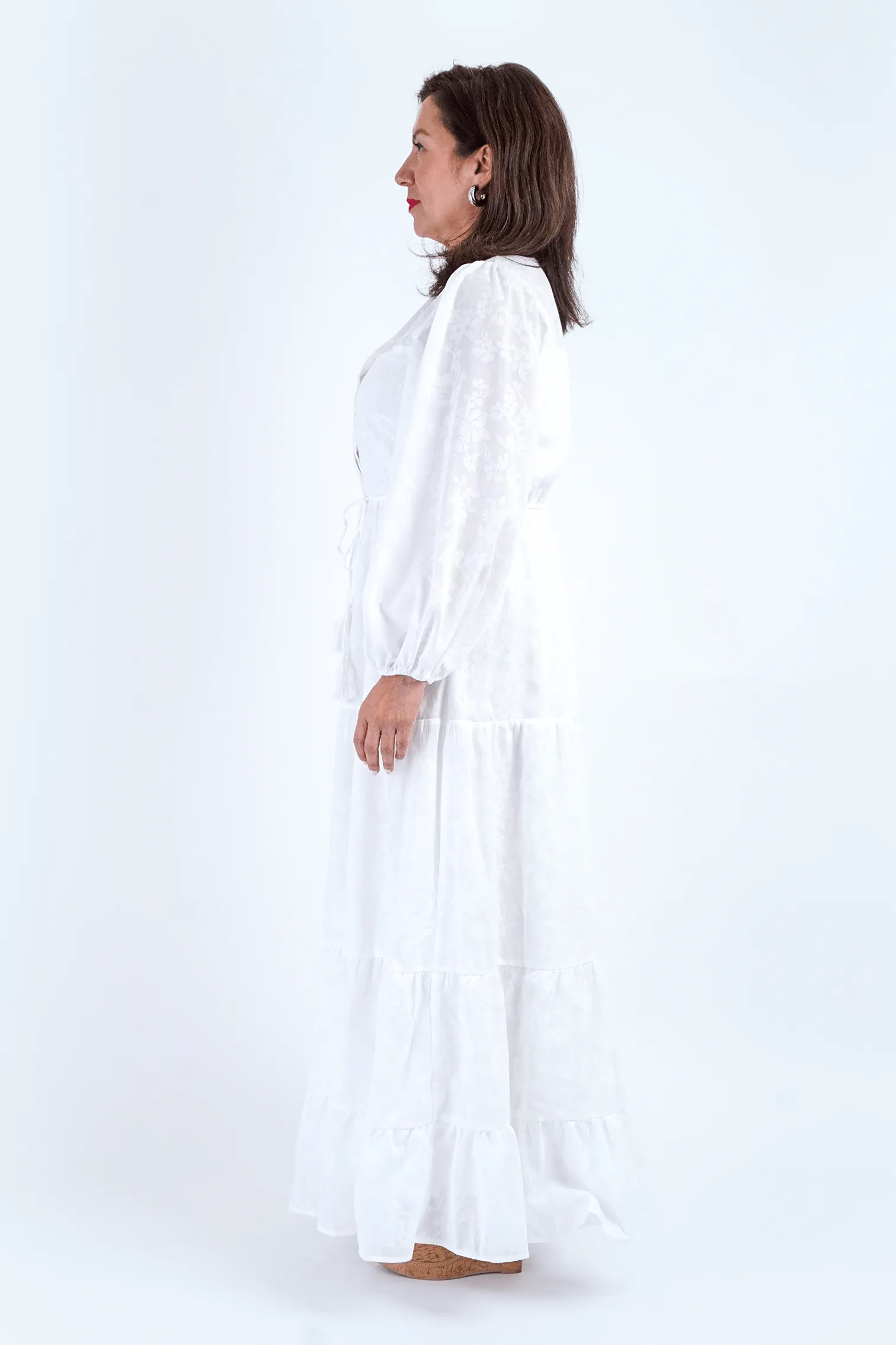 White Hidden Button Ballon Sleeve Maxi Dress