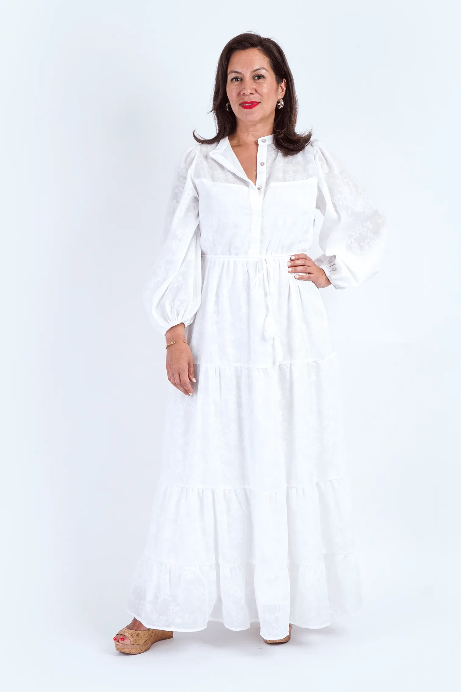 White Hidden Button Ballon Sleeve Maxi Dress