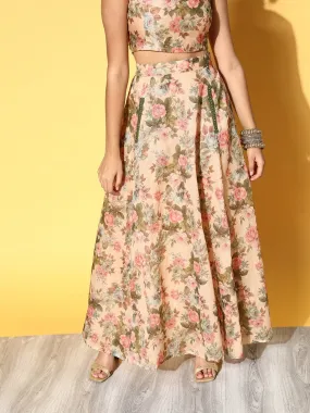 Women Beige Floral Pocket Anarkali Skirt