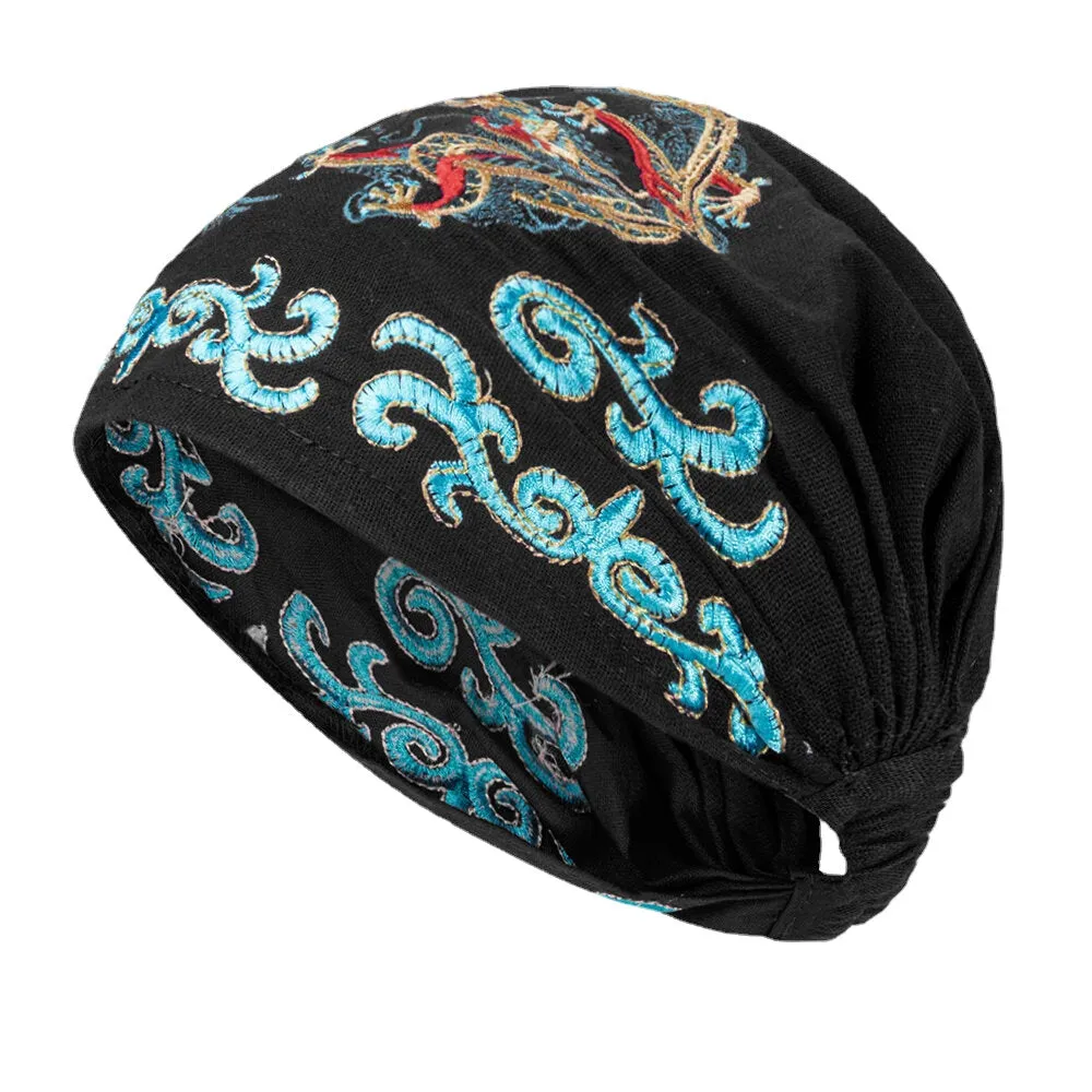 Women Ethnic Embroidery Beanie Caps Vintage Good Elastic Breathable Turban Caps