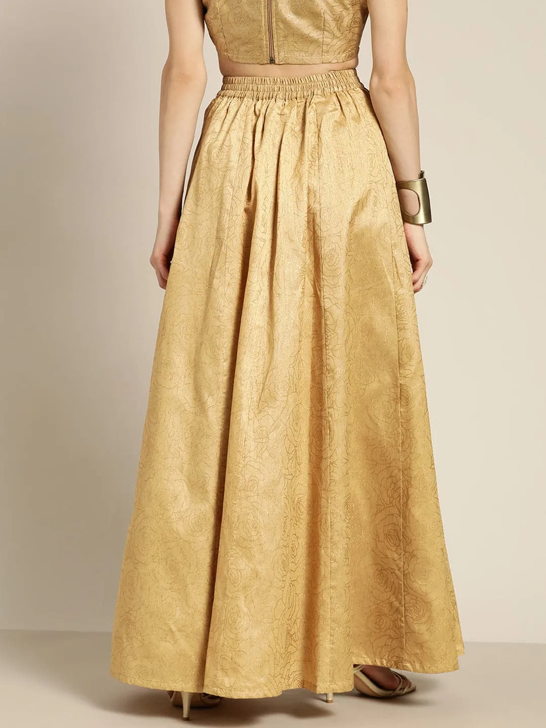 Women Gold Chanderi Foil Pocket Anarkali Skirt