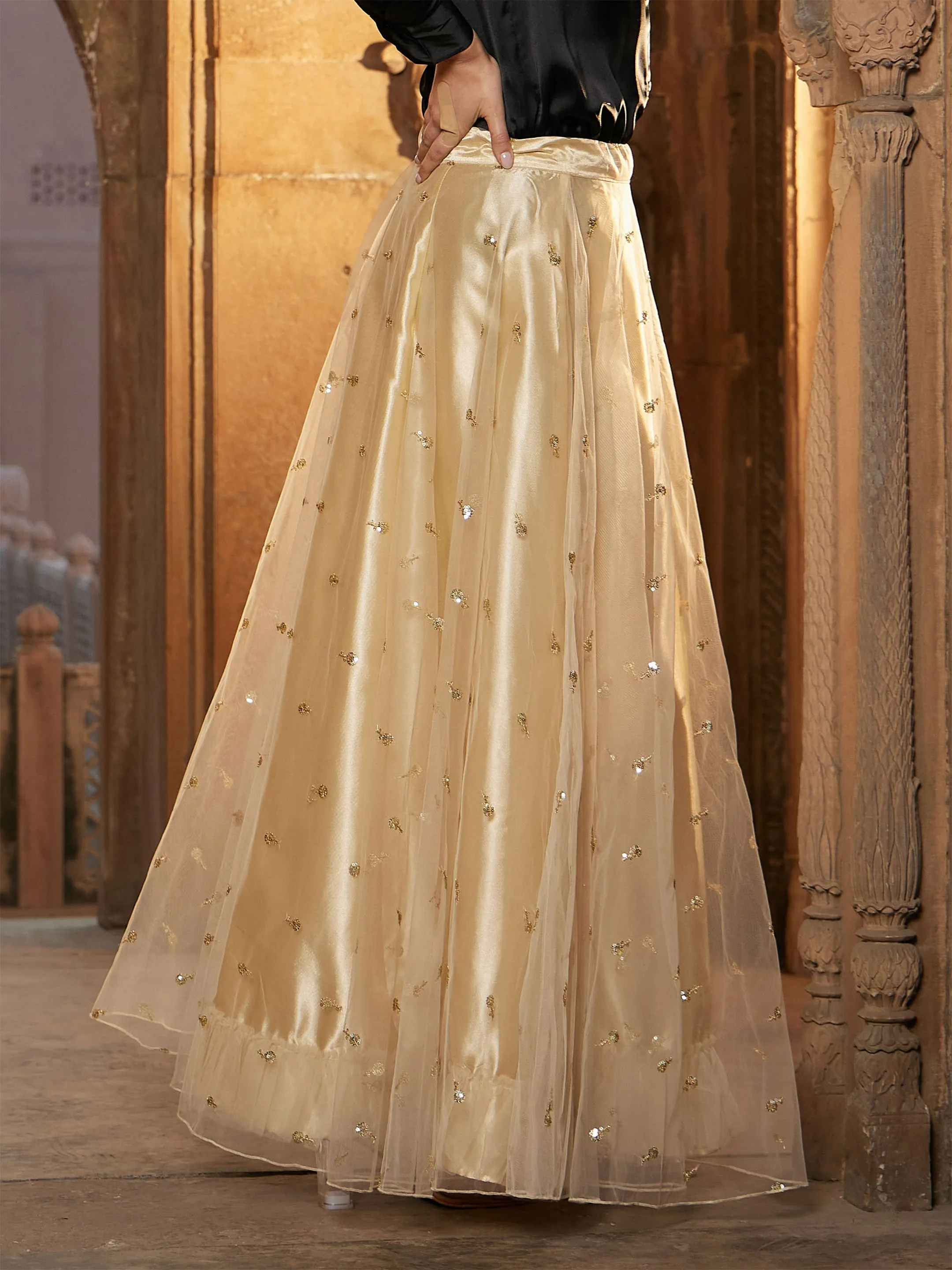 Women Gold Tulle Sequin Anarkali Skirt