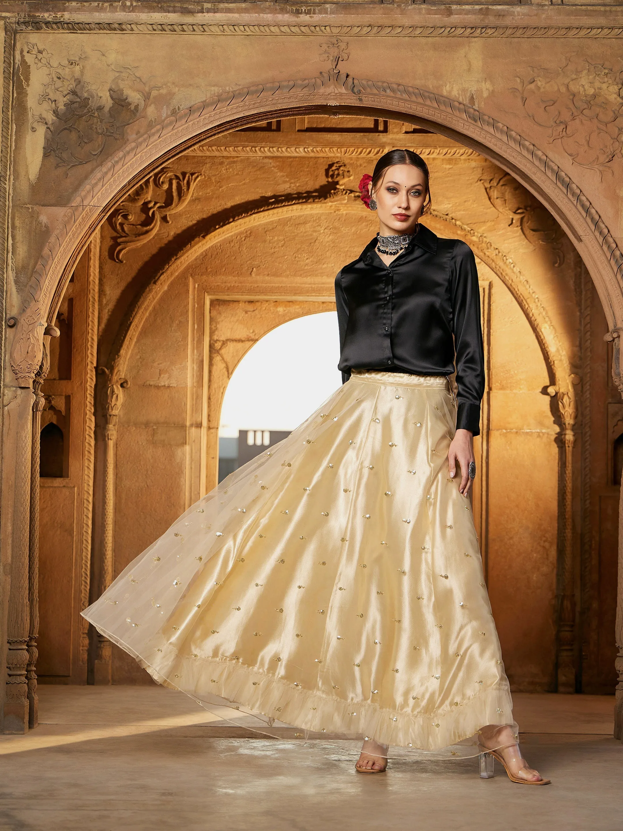 Women Gold Tulle Sequin Anarkali Skirt