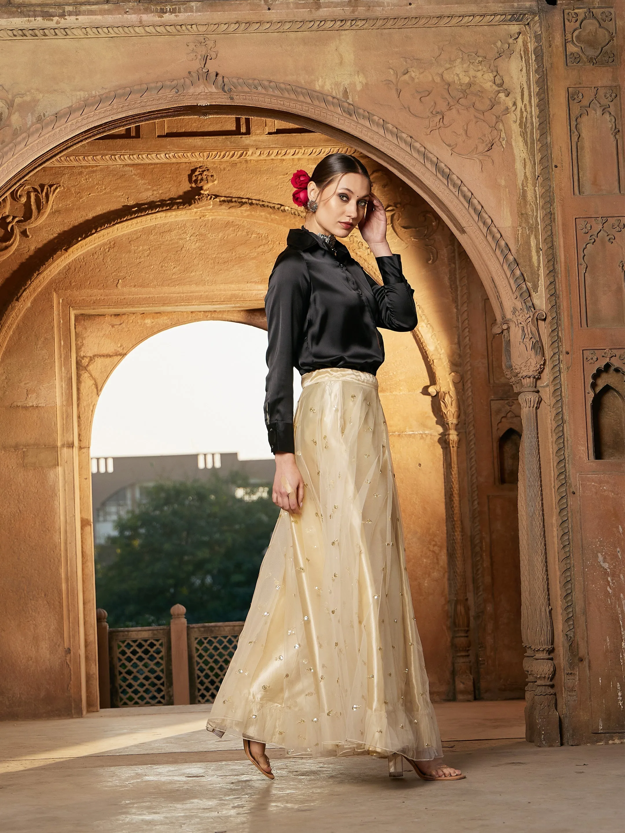 Women Gold Tulle Sequin Anarkali Skirt