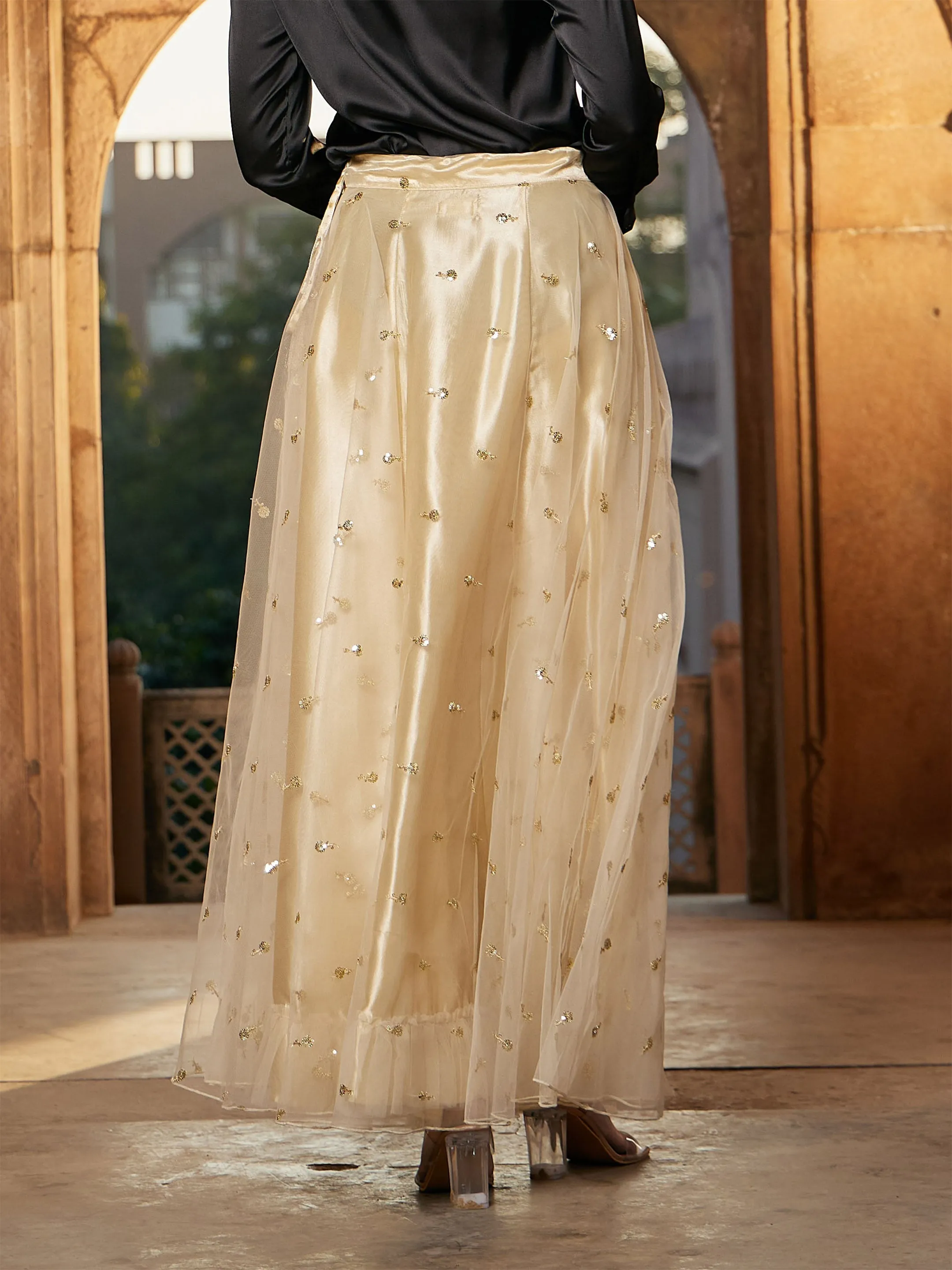 Women Gold Tulle Sequin Anarkali Skirt