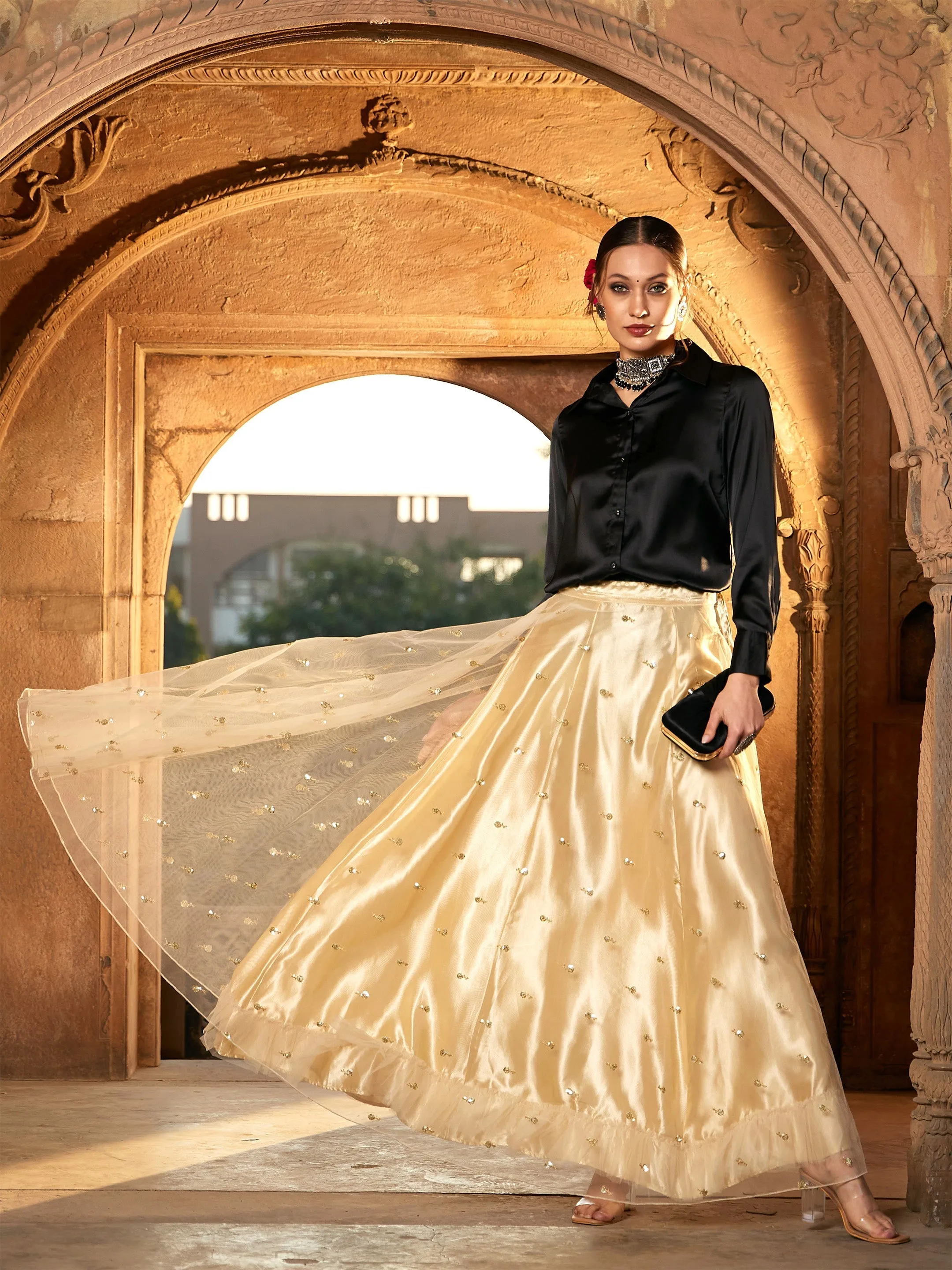 Women Gold Tulle Sequin Anarkali Skirt