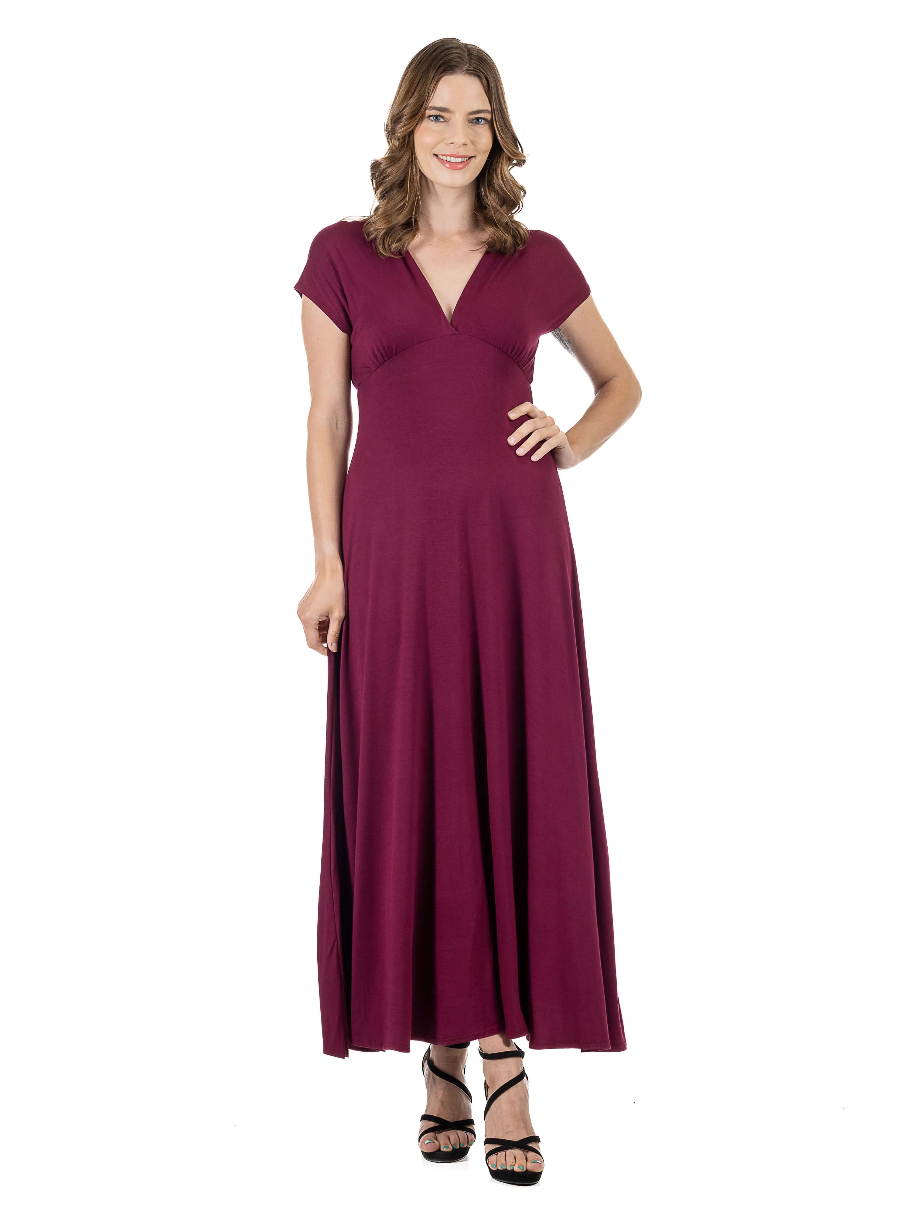 Womens Cap Sleeve V Neck Maxi Dress