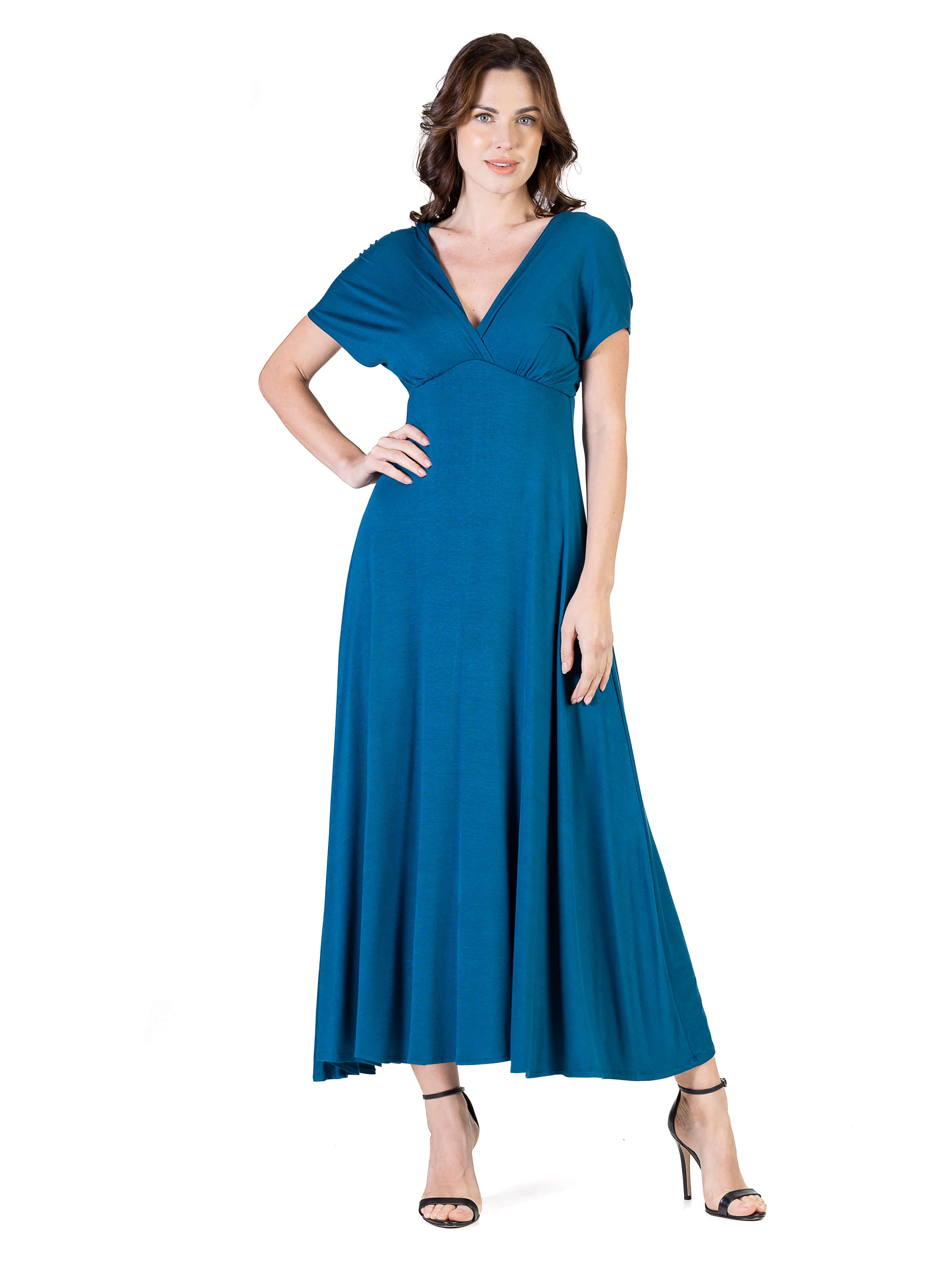 Womens Cap Sleeve V Neck Maxi Dress