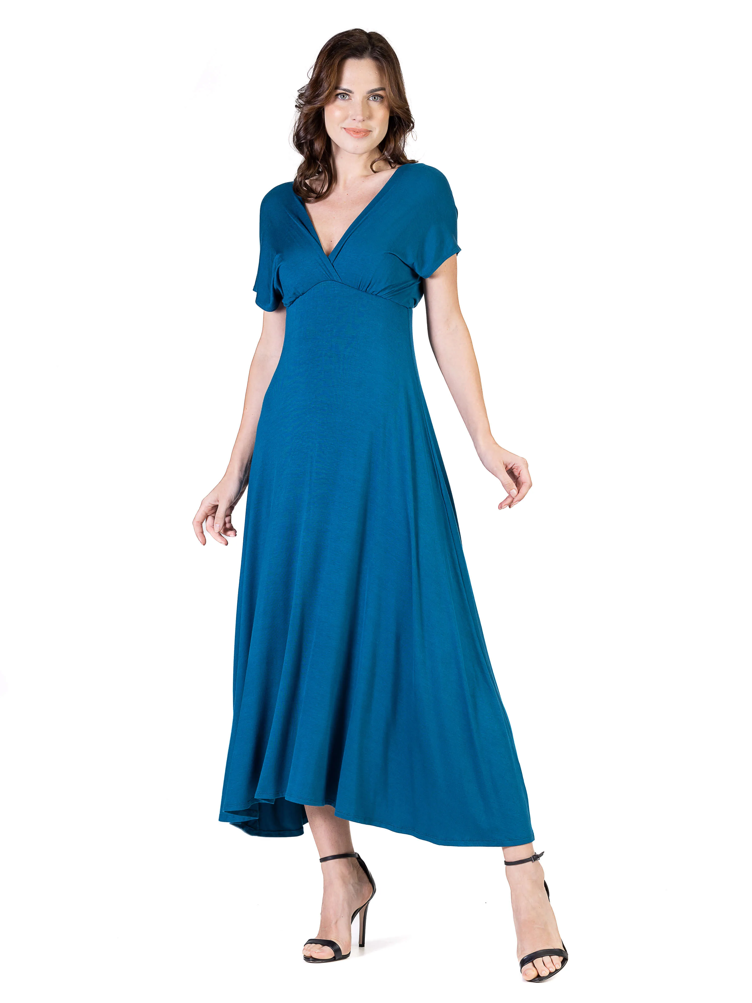 Womens Cap Sleeve V Neck Maxi Dress