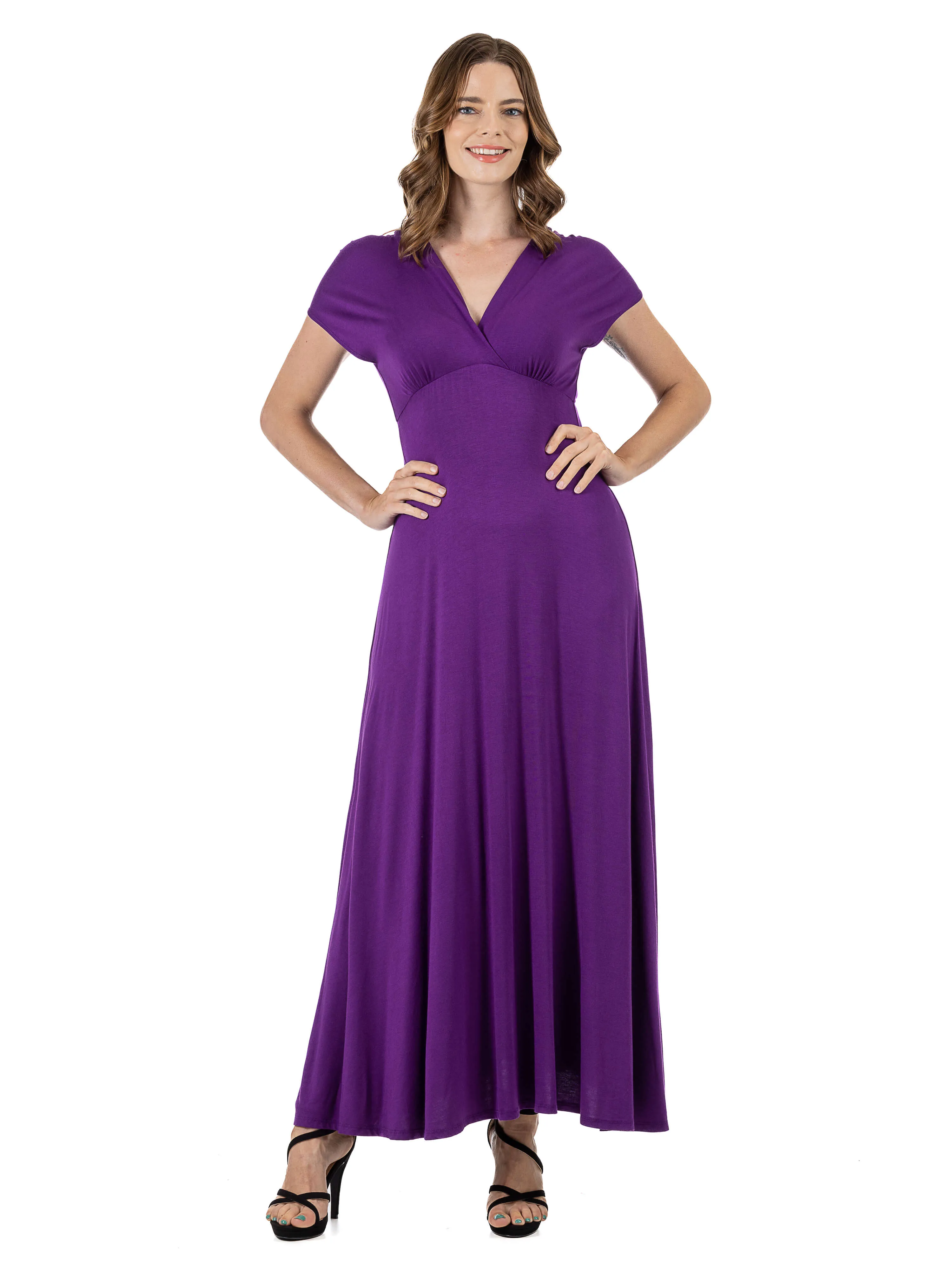 Womens Cap Sleeve V Neck Maxi Dress