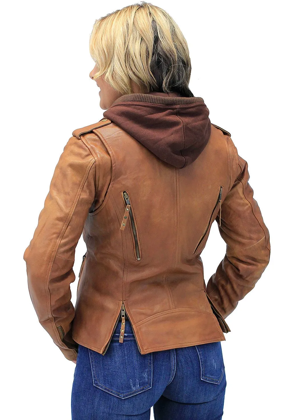 Women's Light Brown Hoodie Motorcycle Jacket #L68411HN