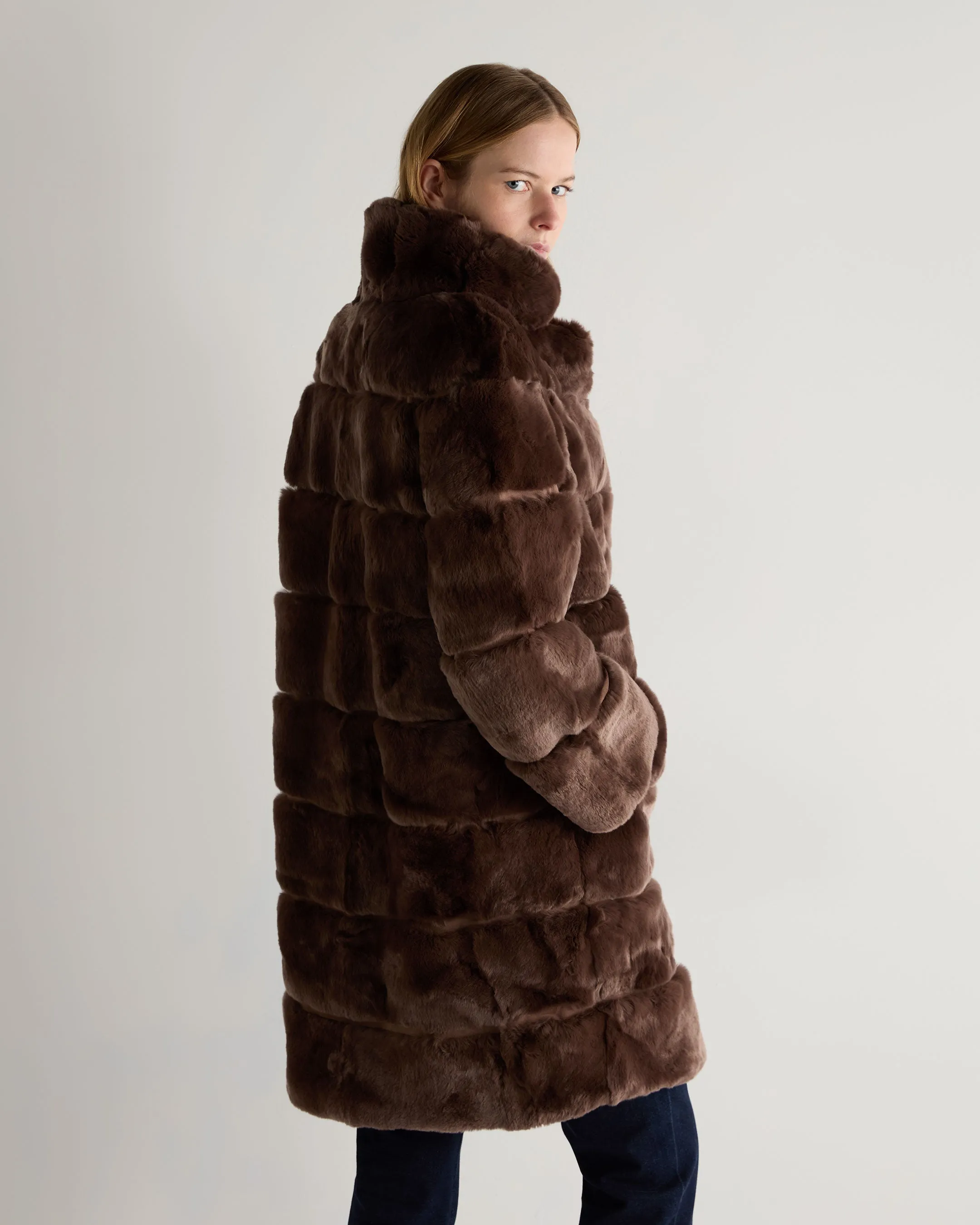 Women's Long Rex Rabbit Coat Chocolate Brown