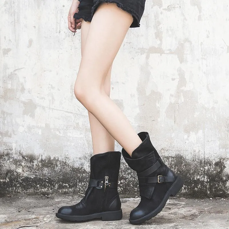 Womens Retro Leather Mid Calf Boots for Winter Buckles Boots in Coffee/Black/Deep Grey