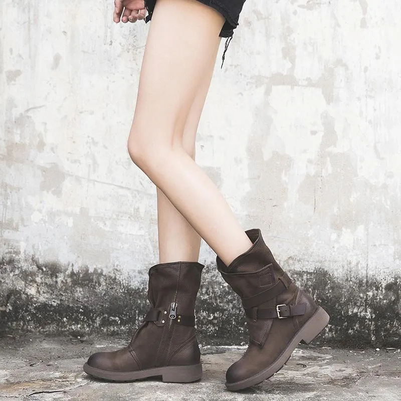 Womens Retro Leather Mid Calf Boots for Winter Buckles Boots in Coffee/Black/Deep Grey