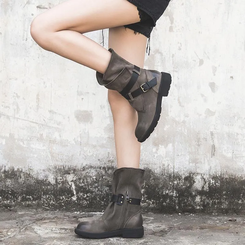 Womens Retro Leather Mid Calf Boots for Winter Buckles Boots in Coffee/Black/Deep Grey