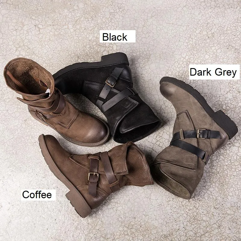 Womens Retro Leather Mid Calf Boots for Winter Buckles Boots in Coffee/Black/Deep Grey