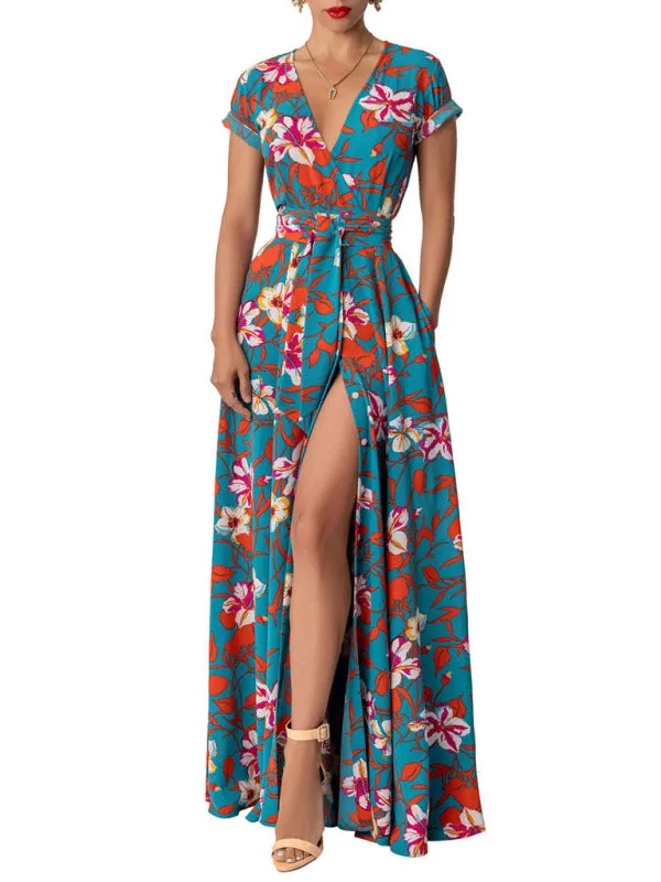 Women's Sexy Lace-Up Printed Waist Slit Dress